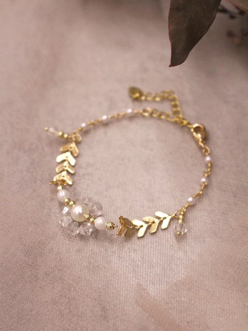 落葉微光。MUCHAT手作14KGP枝葉水晶珠花手鍊