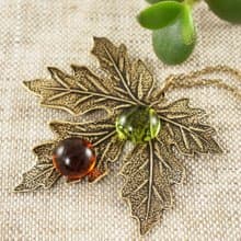 Brass Maple Leaf Red Olive Green Glass Forest Pendant Necklace Woman Jewelry