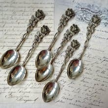 德國Vintage 浮雕玫瑰鏤空830純銀咖啡匙盒裝6件組