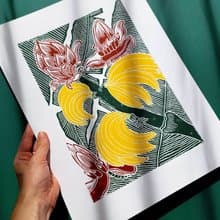 Yellow Banana Green Leaves Burgundy Flowers Botanical Linocut Print Original Art