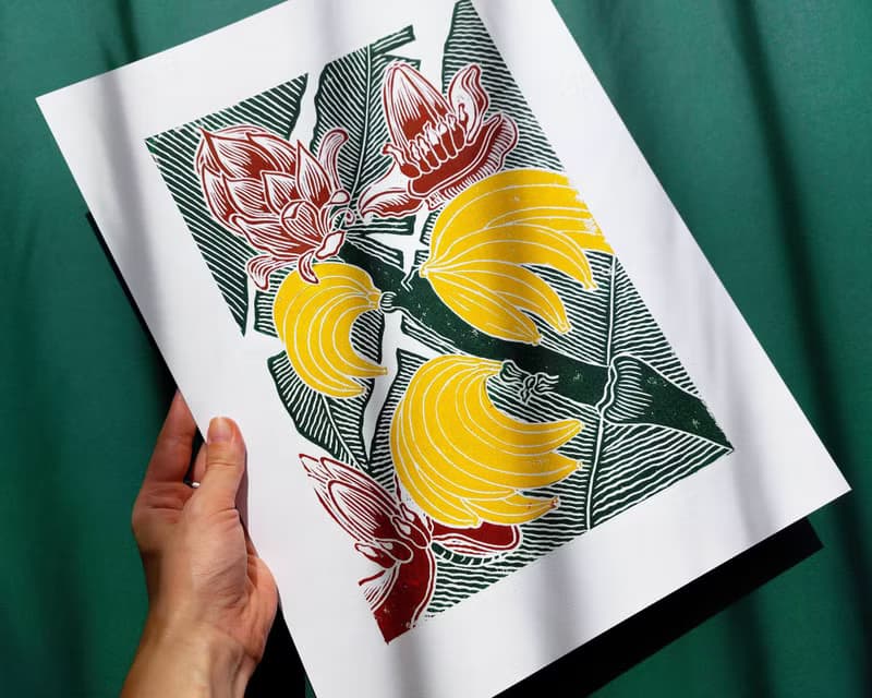 Yellow Banana Green Leaves Burgundy Flowers Botanical Linocut Print Original Art