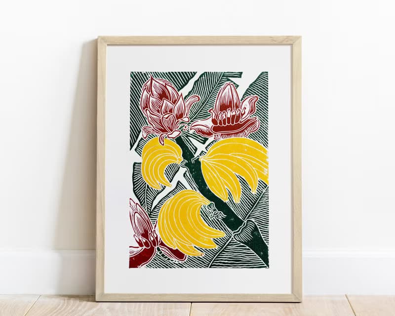 Yellow Banana Green Leaves Burgundy Flowers Botanical Linocut Print Original Art