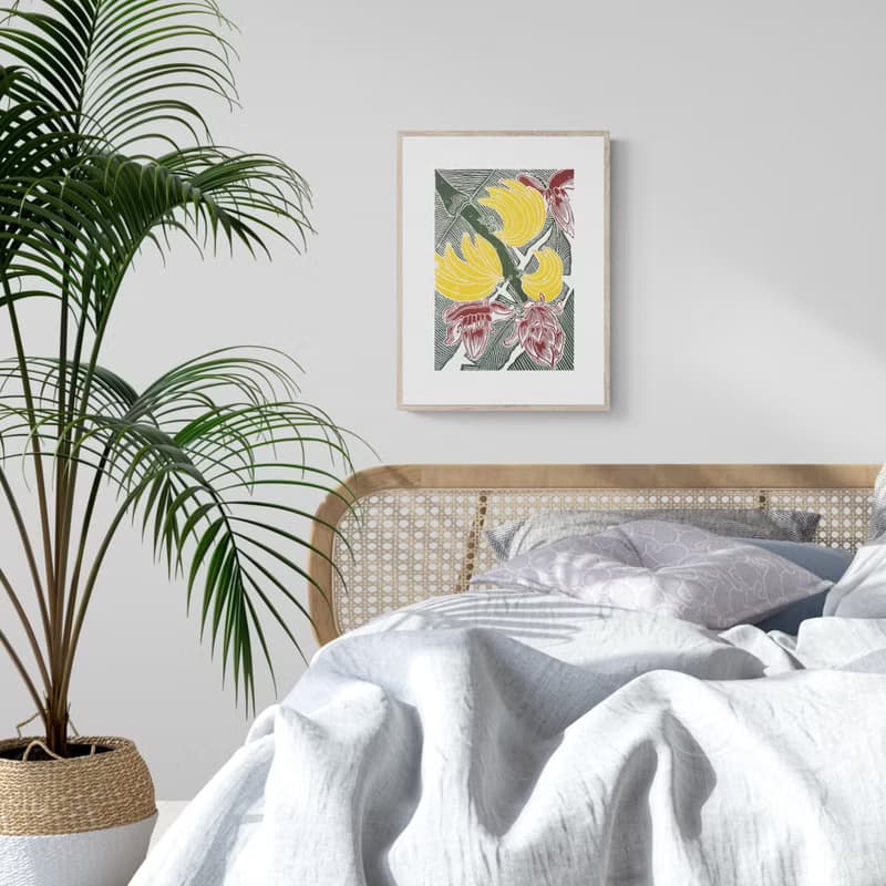 Yellow Banana Green Leaves Burgundy Flowers Botanical Linocut Print Original Art