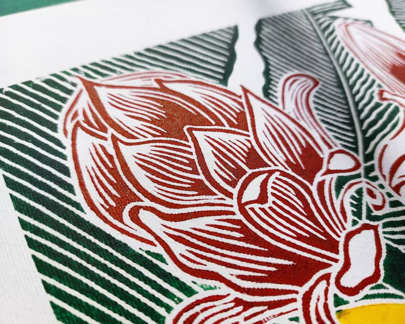 Yellow Banana Green Leaves Burgundy Flowers Botanical Linocut Print Original Art