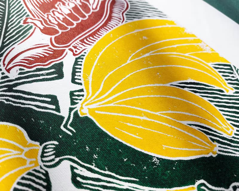Yellow Banana Green Leaves Burgundy Flowers Botanical Linocut Print Original Art