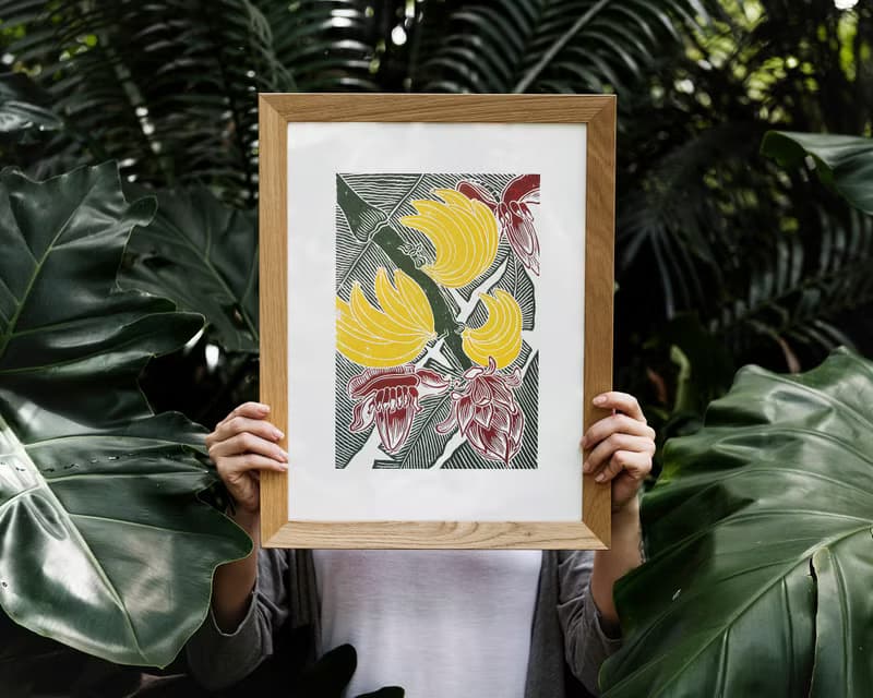 Yellow Banana Green Leaves Burgundy Flowers Botanical Linocut Print Original Art