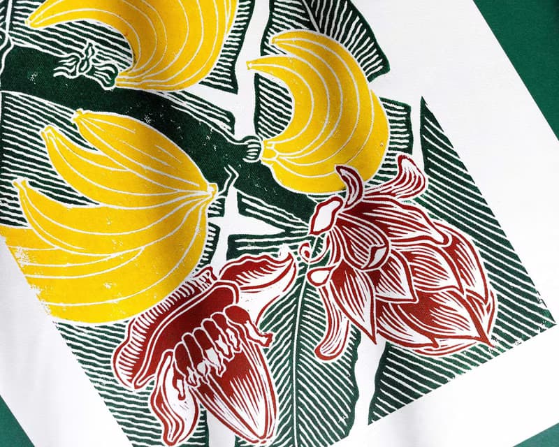 Yellow Banana Green Leaves Burgundy Flowers Botanical Linocut Print Original Art