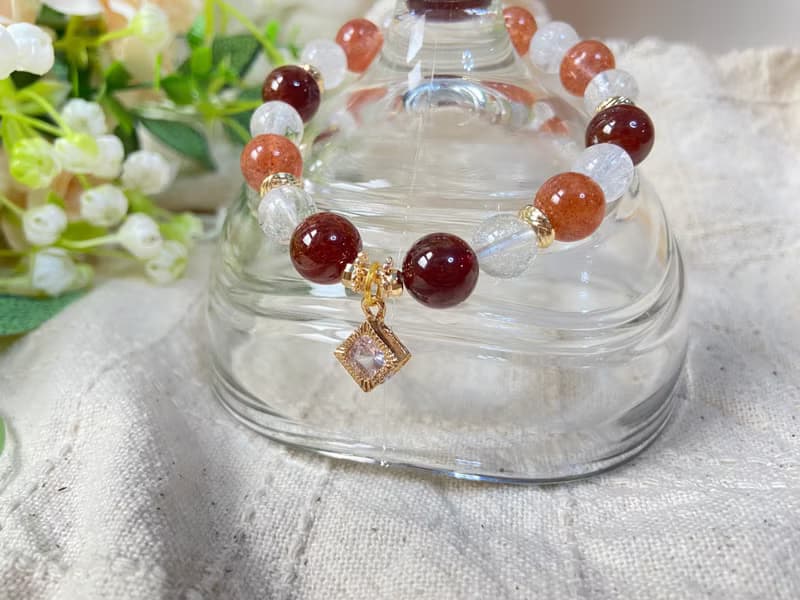 芬達石榴石/芬達草莓晶/白阿塞水晶 天然水晶手鍊