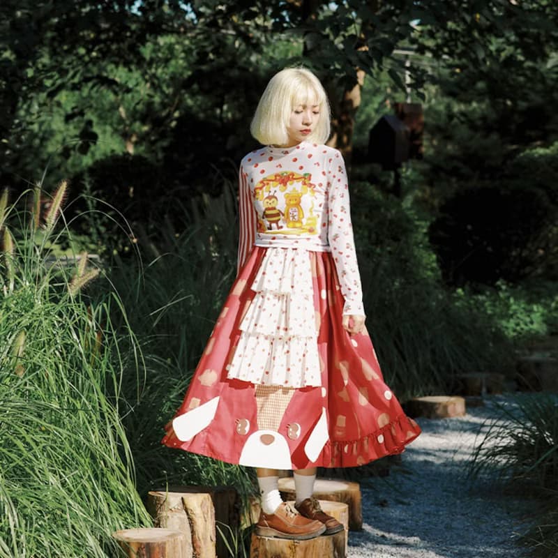 Meugler牛稠島 牛稠齒科小蜜蜂漿果蜂蜜巧克力網紗彈力條紋打底衫