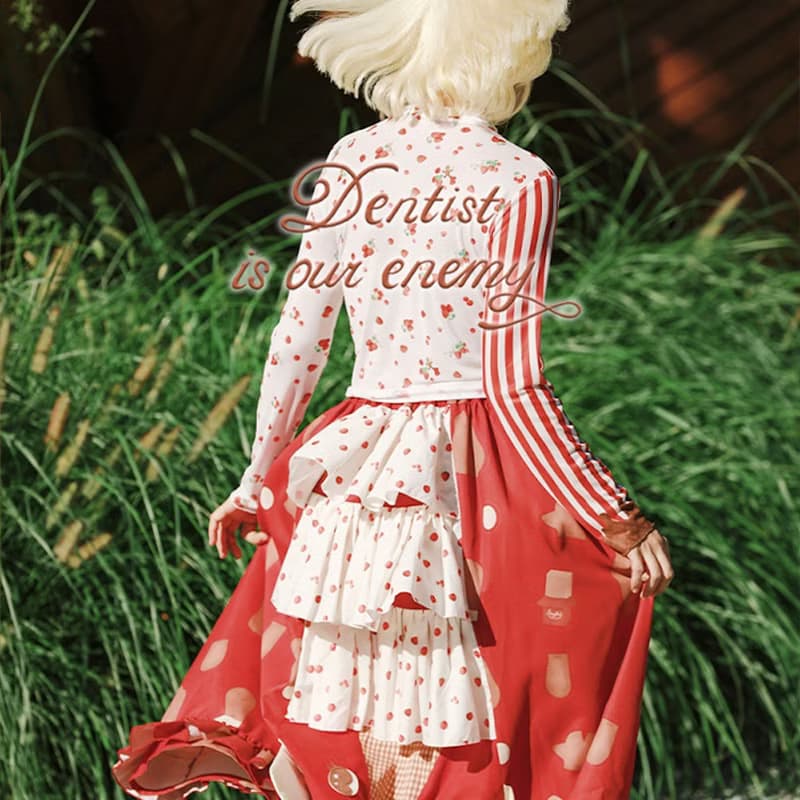 Meugler牛稠島 牛稠齒科小蜜蜂漿果蜂蜜巧克力網紗彈力條紋打底衫