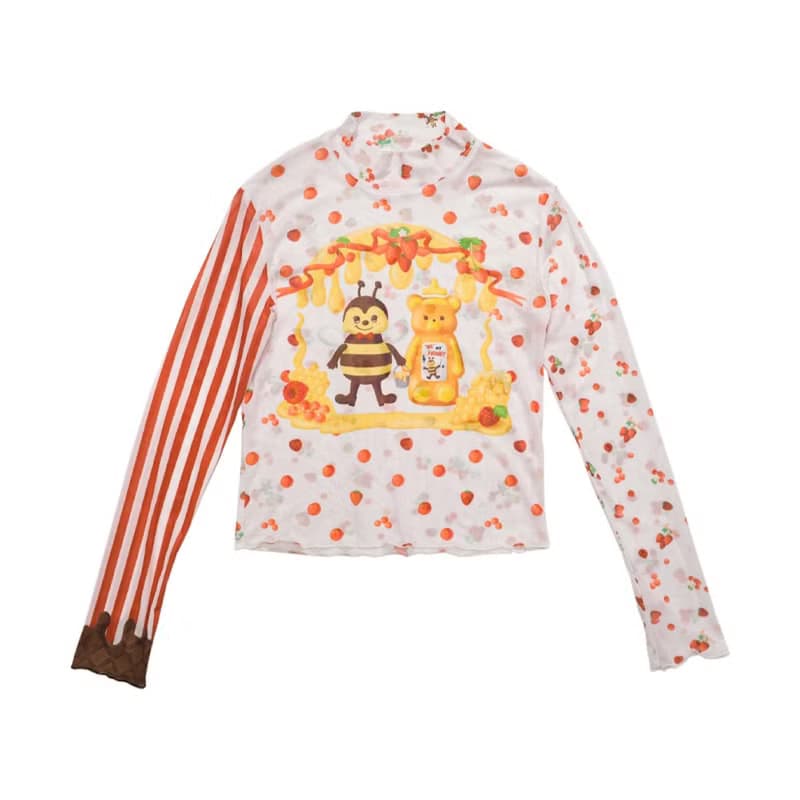 Meugler牛稠島 牛稠齒科小蜜蜂漿果蜂蜜巧克力網紗彈力條紋打底衫