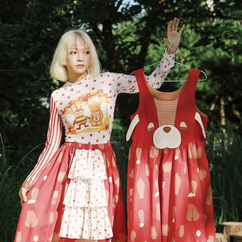 Meugler牛稠島 牛稠齒科小蜜蜂漿果蜂蜜巧克力網紗彈力條紋打底衫