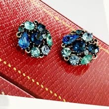 vintage jewelry  LISNER 藍色萊茵圓形花卉 夾式耳環