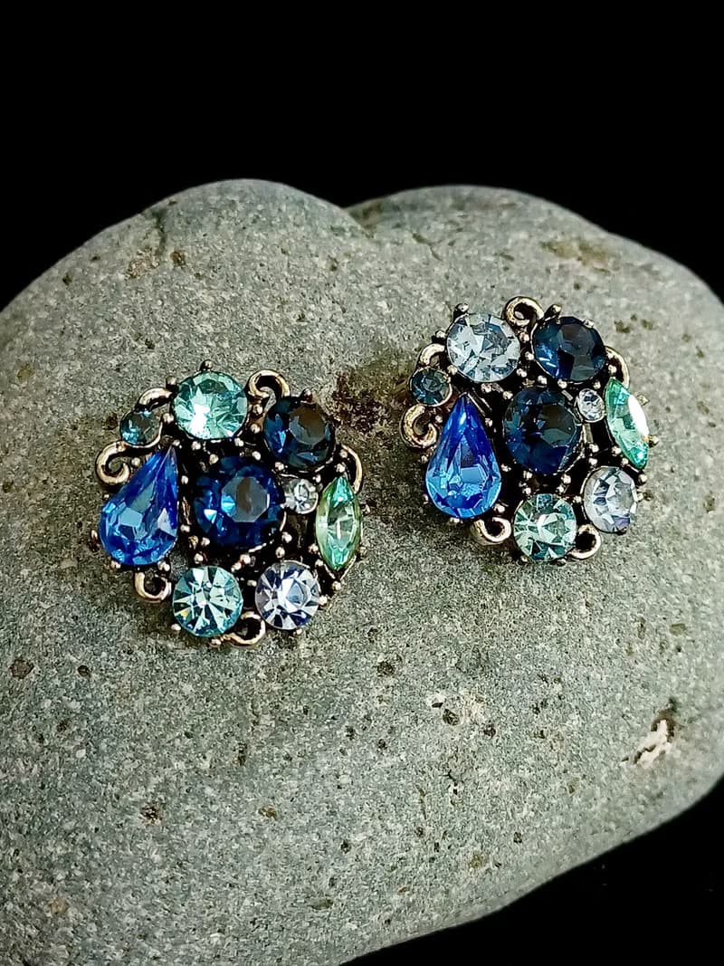 vintage jewelry  LISNER 藍色萊茵圓形花卉 夾式耳環