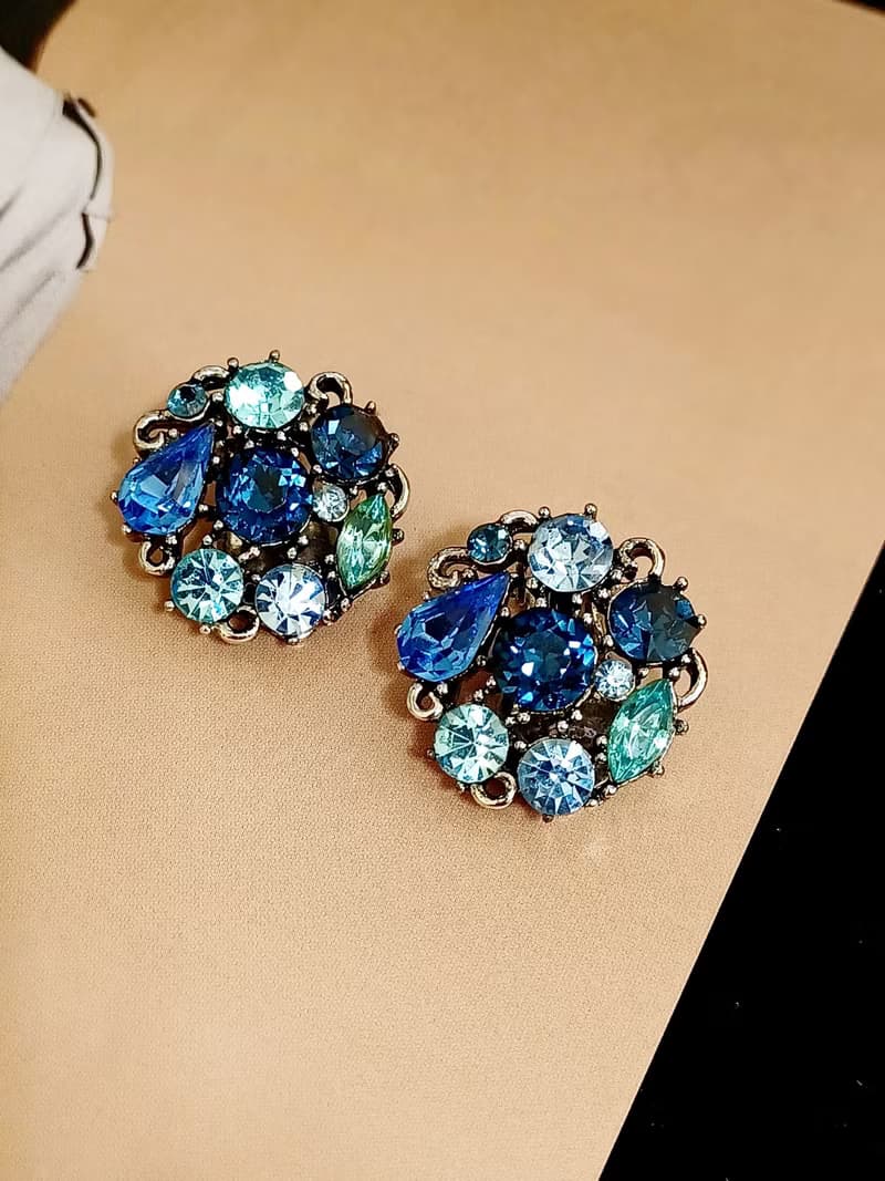 vintage jewelry  LISNER 藍色萊茵圓形花卉 夾式耳環