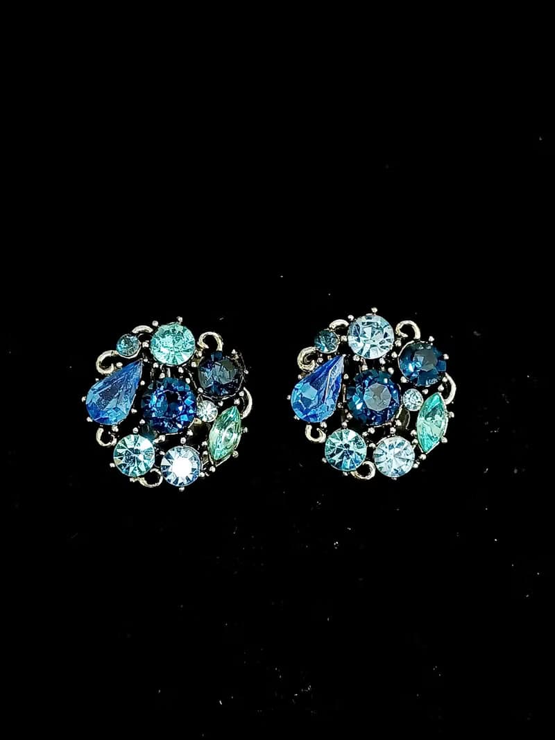vintage jewelry  LISNER 藍色萊茵圓形花卉 夾式耳環