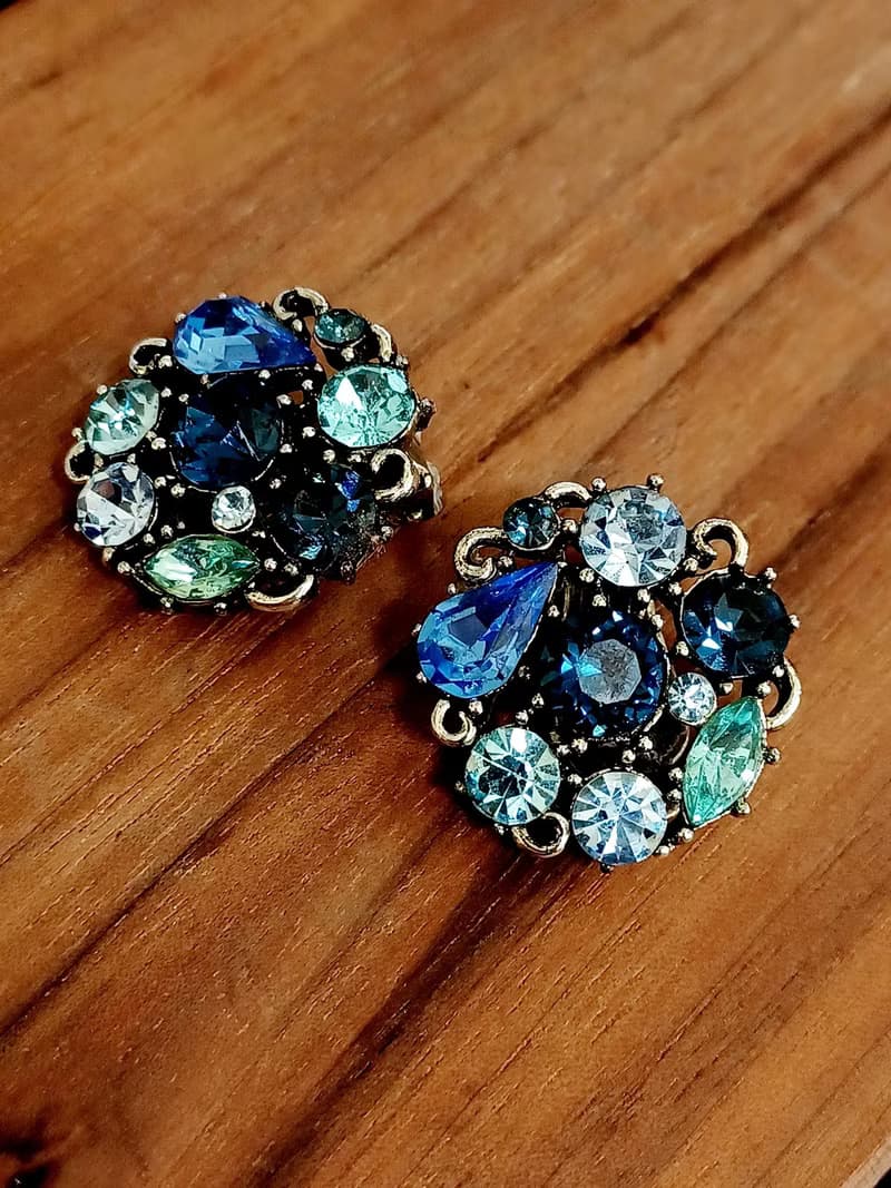 vintage jewelry  LISNER 藍色萊茵圓形花卉 夾式耳環