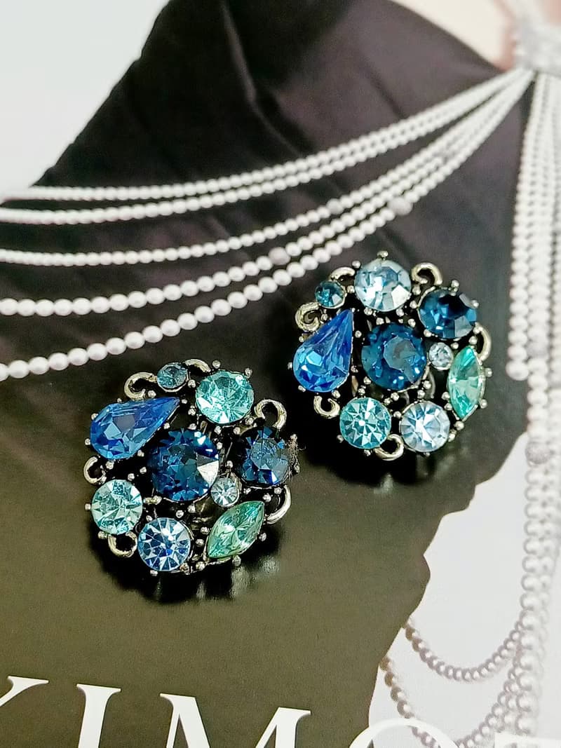 vintage jewelry  LISNER 藍色萊茵圓形花卉 夾式耳環