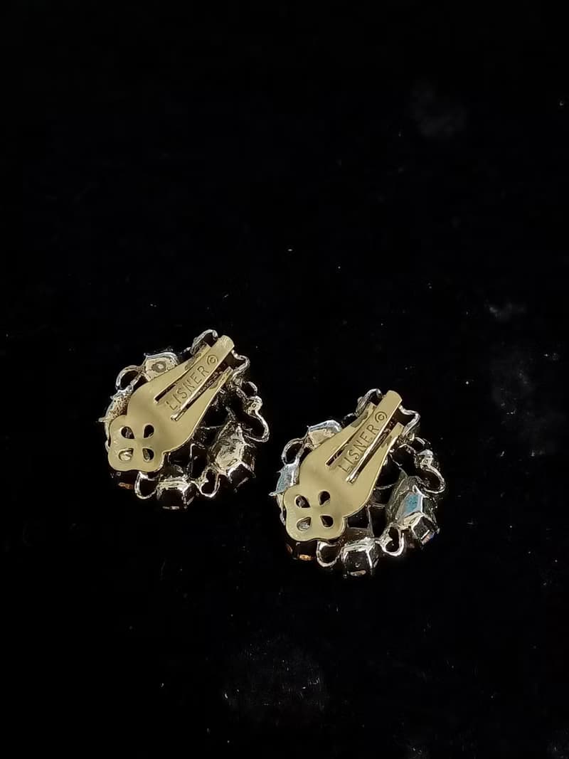 vintage jewelry  LISNER 藍色萊茵圓形花卉 夾式耳環