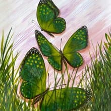 Green butterflies in the marsh grass. Watercolor.