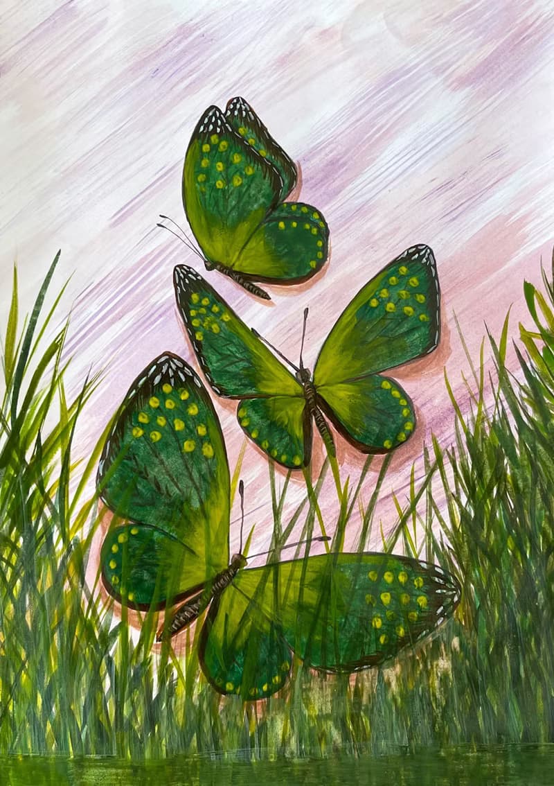 Green butterflies in the marsh grass. Watercolor.