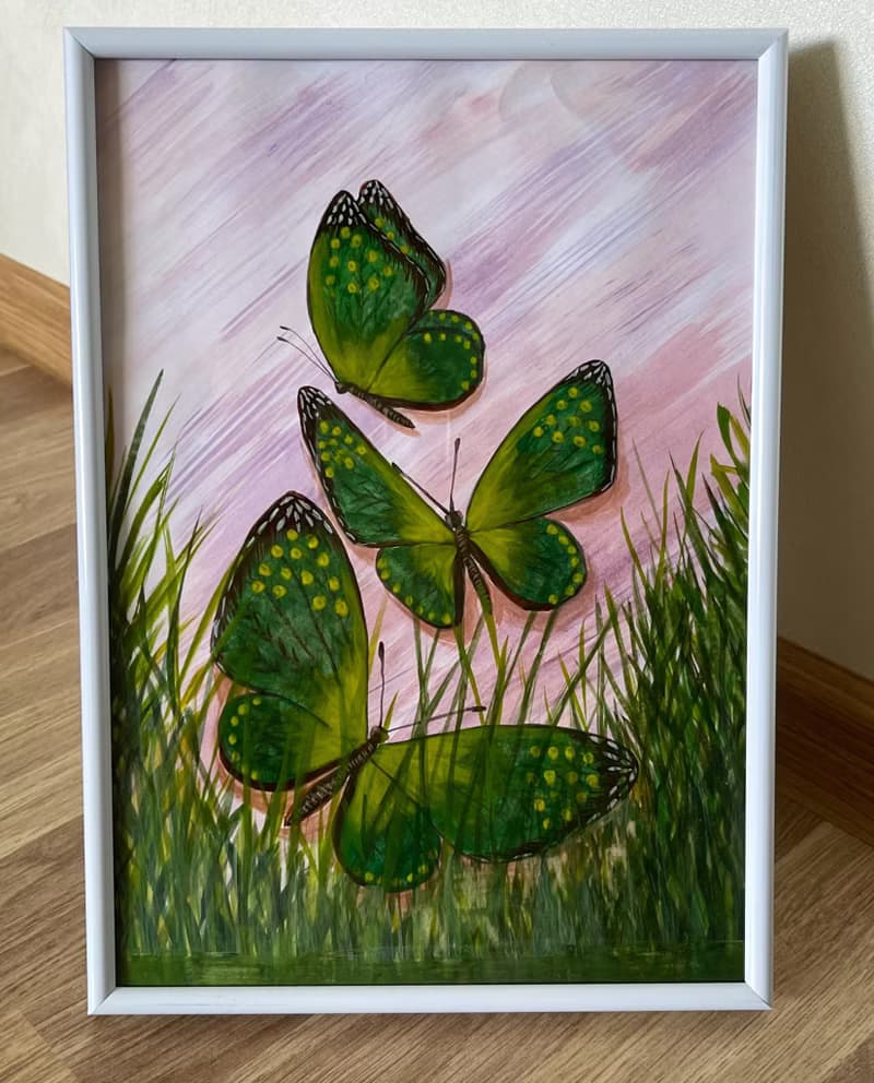 Green butterflies in the marsh grass. Watercolor.