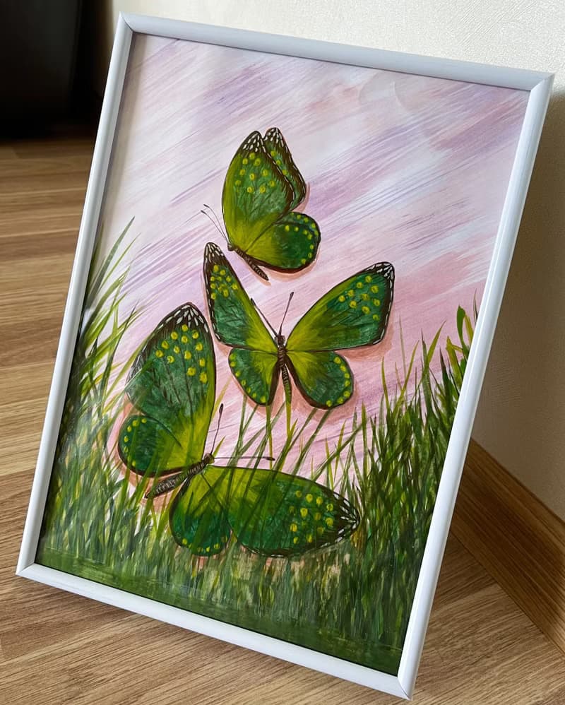 Green butterflies in the marsh grass. Watercolor.