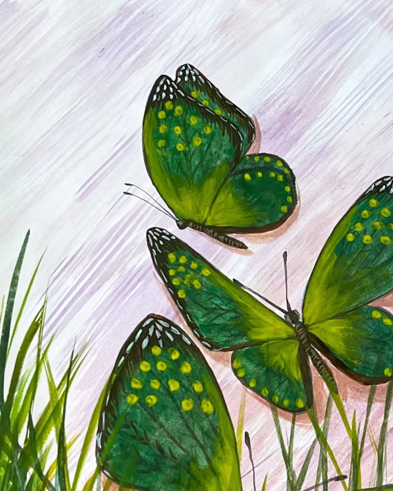 Green butterflies in the marsh grass. Watercolor.