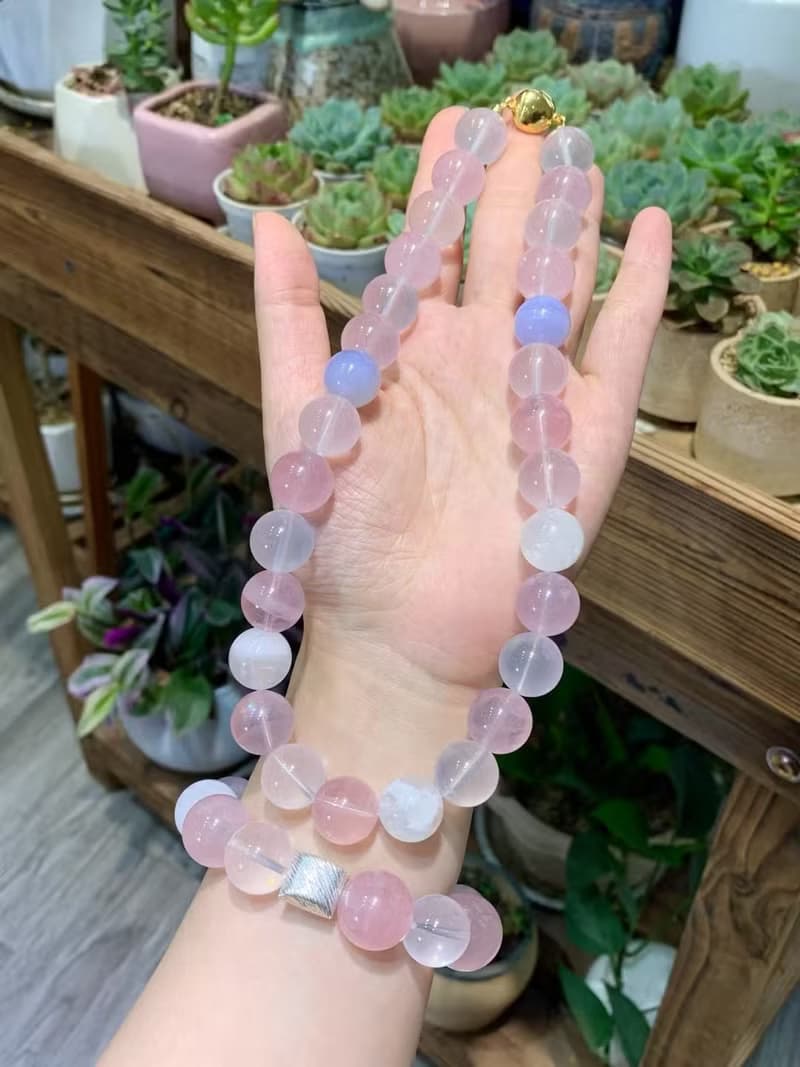 朱珠同款 原創設計款粉粉嫩嫩天然莫桑比克粉晶大顆粒手鏈項鏈