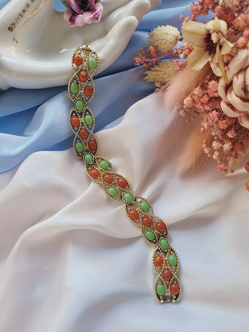 美國西洋古董飾品/SARAH COV人造玉珊瑚手鍊/復古珠寶首飾