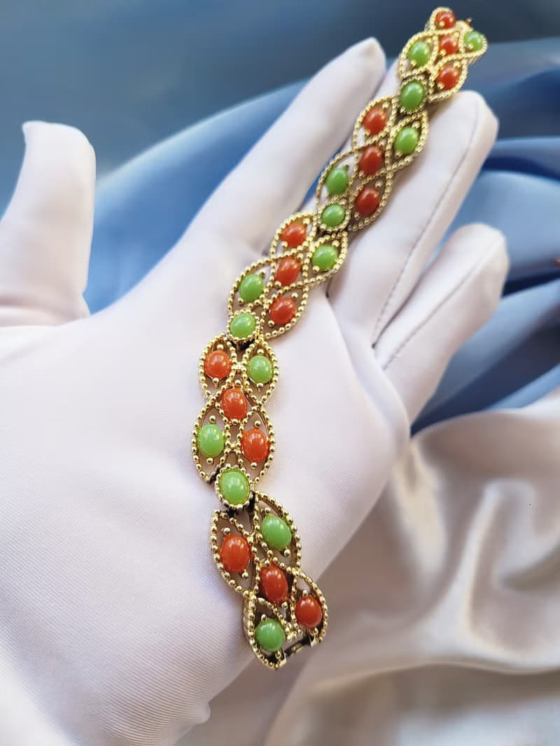 美國西洋古董飾品/SARAH COV人造玉珊瑚手鍊/復古珠寶首飾