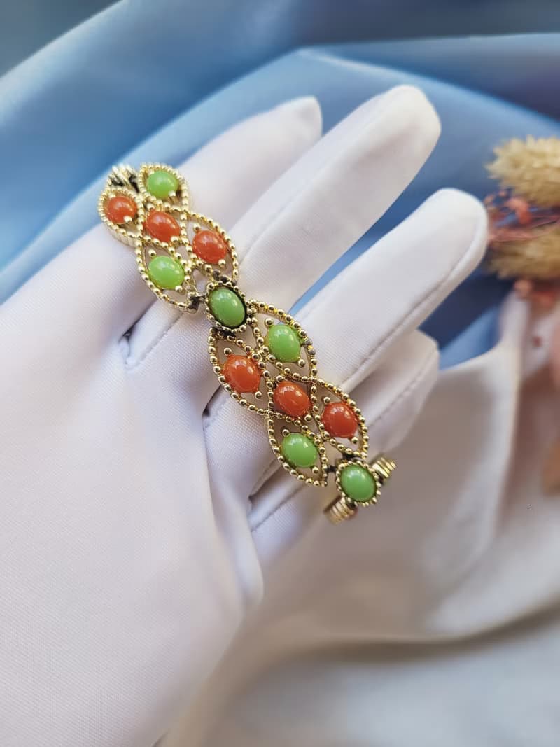 美國西洋古董飾品/SARAH COV人造玉珊瑚手鍊/復古珠寶首飾