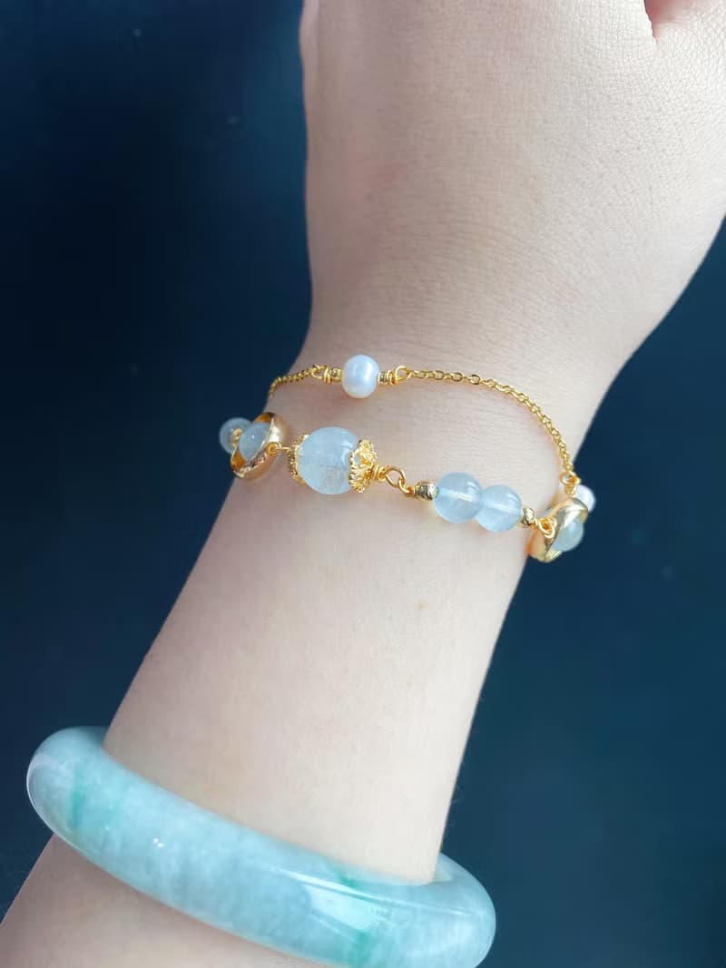 海藍寶 氣質 設計款 手鍊 雙鍊款 禮物 天然石 閨密 生日