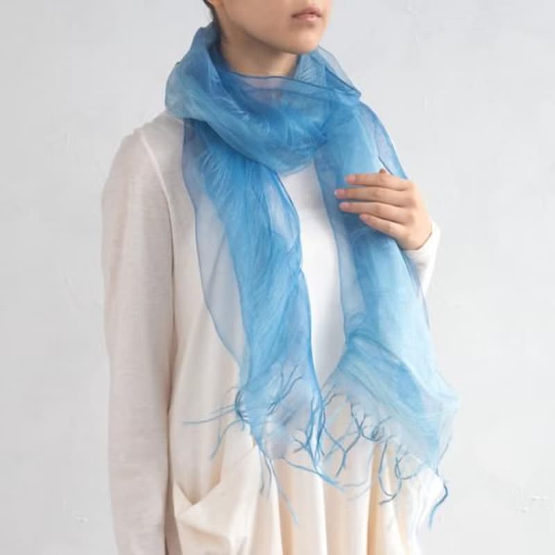 草木染二重織羽毛絲巾 圍巾 藍染