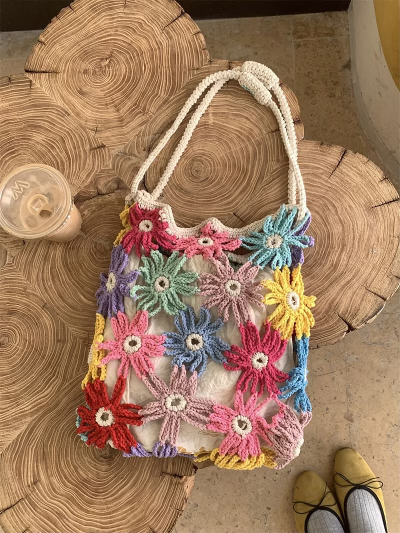 純手工手作 鉤針編織包包 小雛菊 立體拼花 手提單肩包 禮物