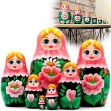 Matryoshka Nesting Dolls in Pink Head Scarf and Sarafan with Sakura Flower