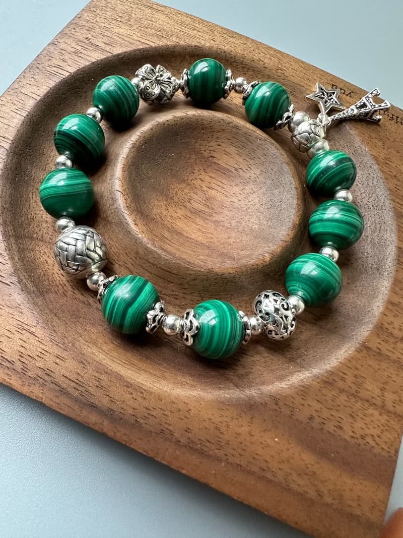 孔雀石。S925純銀。免運。原創手鍊。