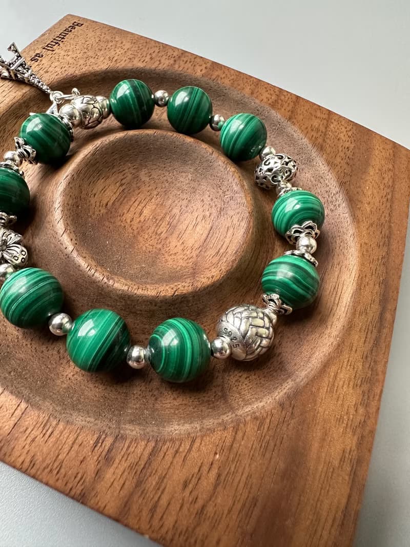 孔雀石。S925純銀。免運。原創手鍊。