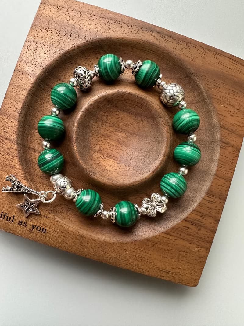 孔雀石。S925純銀。免運。原創手鍊。