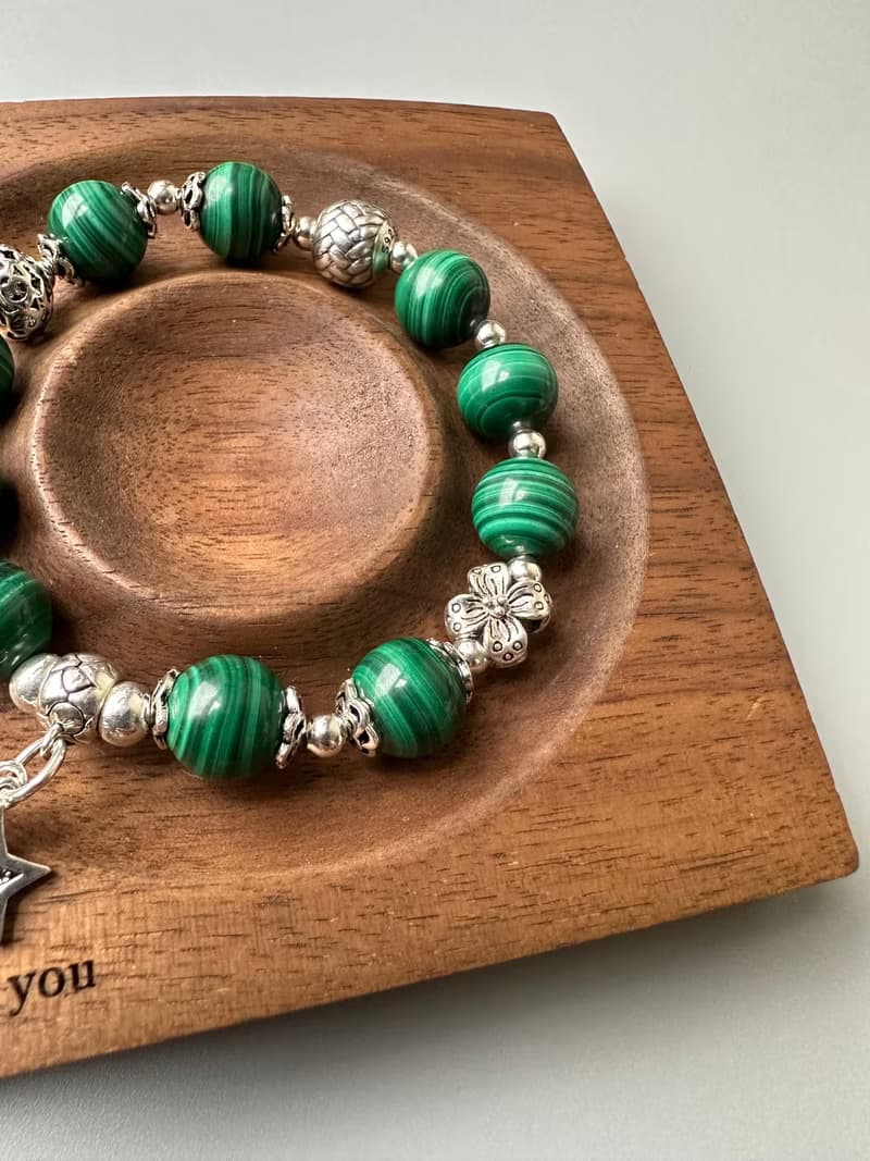 孔雀石。S925純銀。免運。原創手鍊。