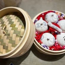小籠包調味罐五入組含小湯匙(竹蒸籠包裝+花布)