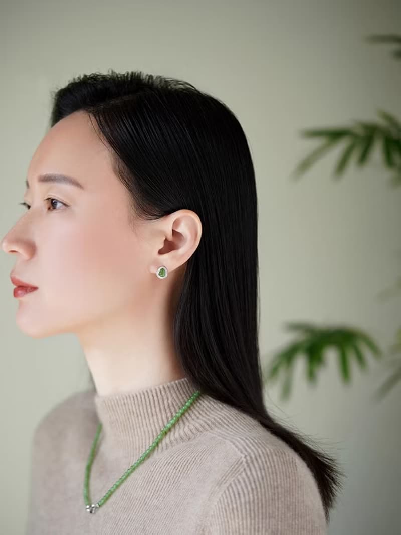 逍遙葫蘆碧玉耳釘  未時925純銀和田玉碧玉果綠耳飾中式東方美學