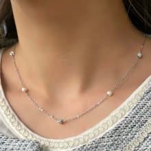 淡水パール と CZ ダイヤ 輝く ステーション チェーン ネックレス　金属アレルギー 対応/サージカルステンレス/14k  珍珠　防過敏　珍珠项链　珍珠項鍊