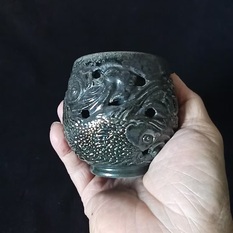 柴燒雙魚雙層鏤空防燙杯陳炫亨雕刻