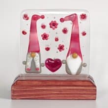 Love gnome couple Handmade fused glass art panel Pink Scandinavian gnomes