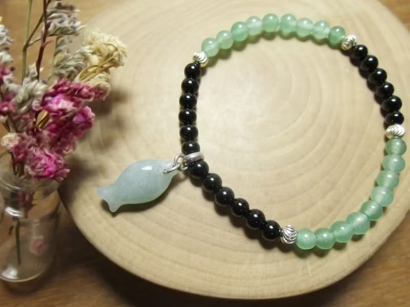 手鍊 古銀玉意-魚 緬甸玉+東菱玉+黑瑪瑙