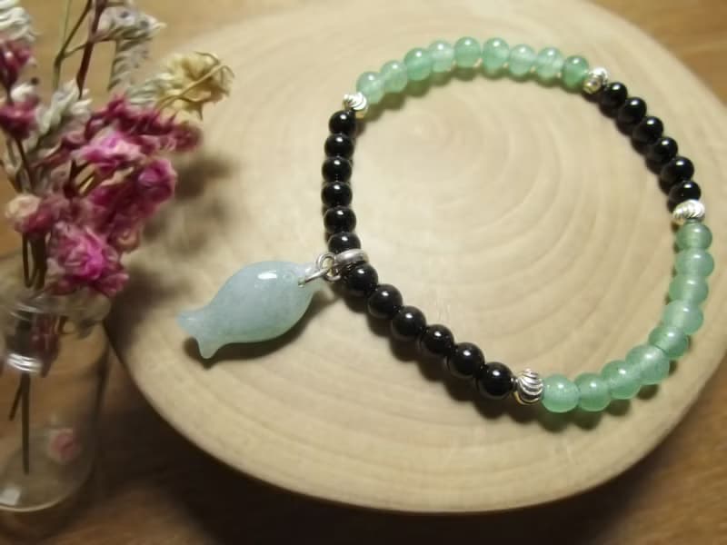 手鍊 古銀玉意-魚 緬甸玉+東菱玉+黑瑪瑙