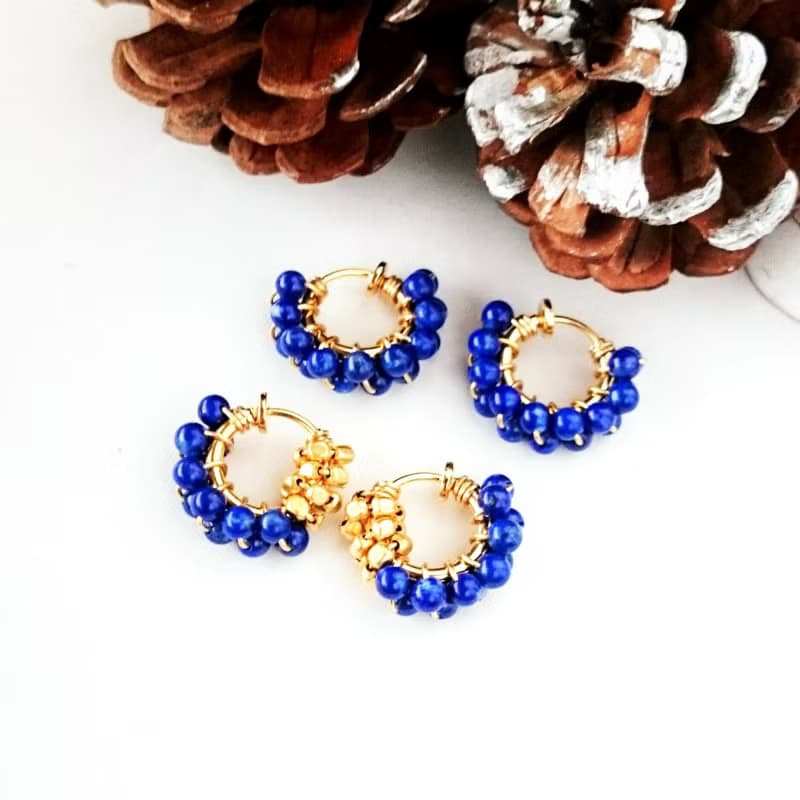 天然色 Lapis lazuli*gold bi-color wraped earring