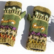 手織純羊毛針織手套/露趾手套/內刷毛手套/保暖手套-立體花朵刺繡