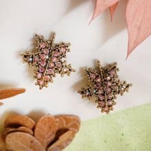 【西洋古董飾品】 藤編美楓葉 透粉萊茵閃鑽 反向 閃爍 耳環 耳夾